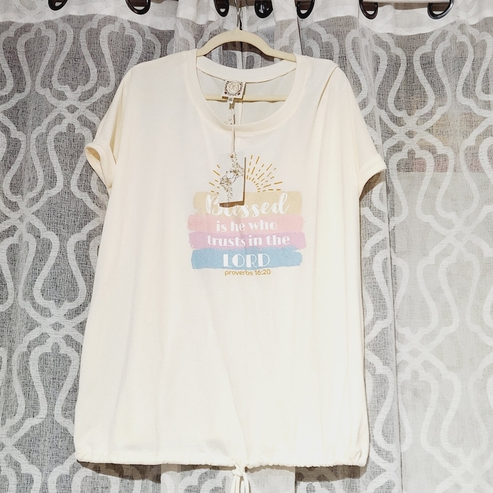 𝅺Tru Self Plus Blessed Tie Hem Short Sleeve Top 3X White